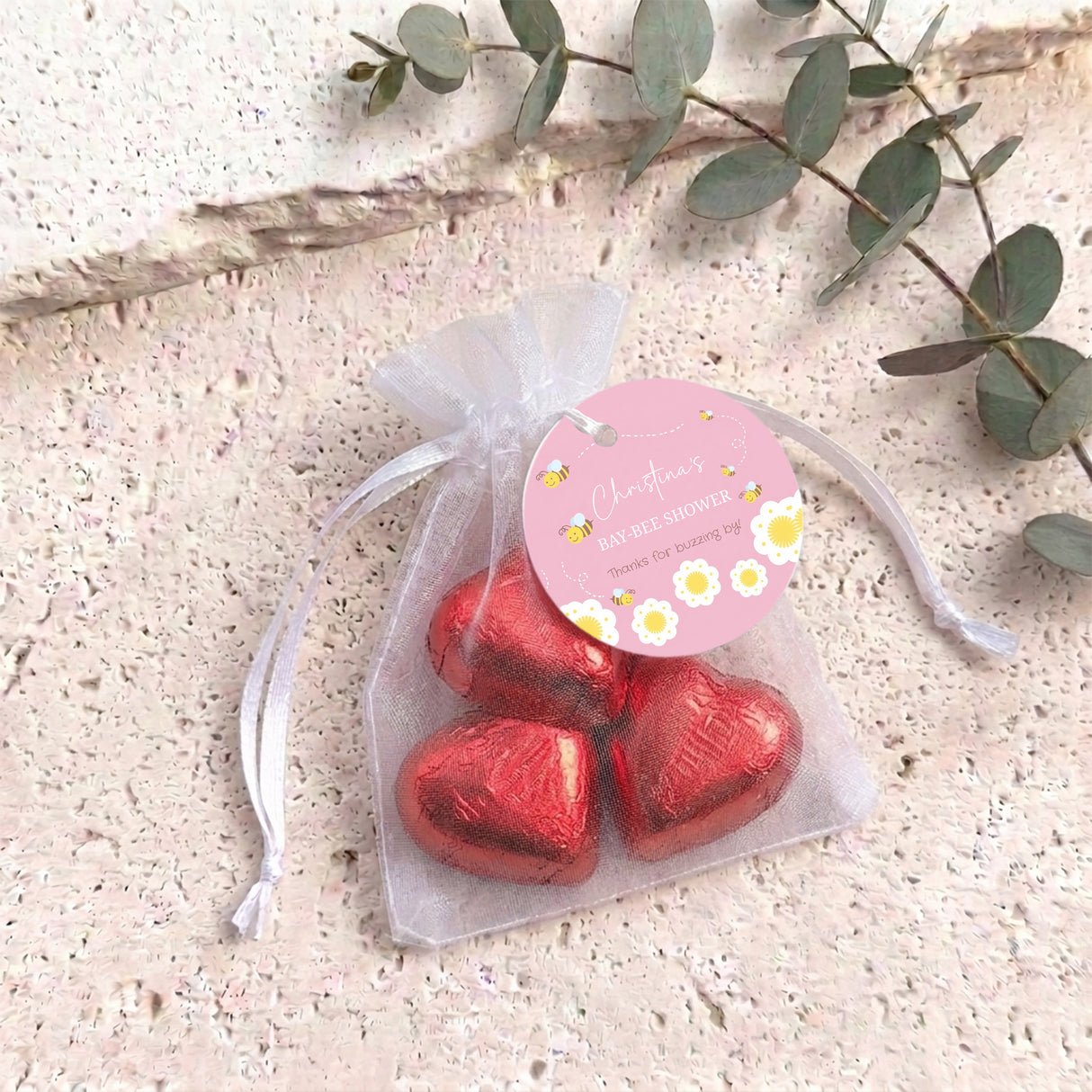 Pink Bumble Bee Baby Shower Personalised Organza Bags with Chocolate Hearts