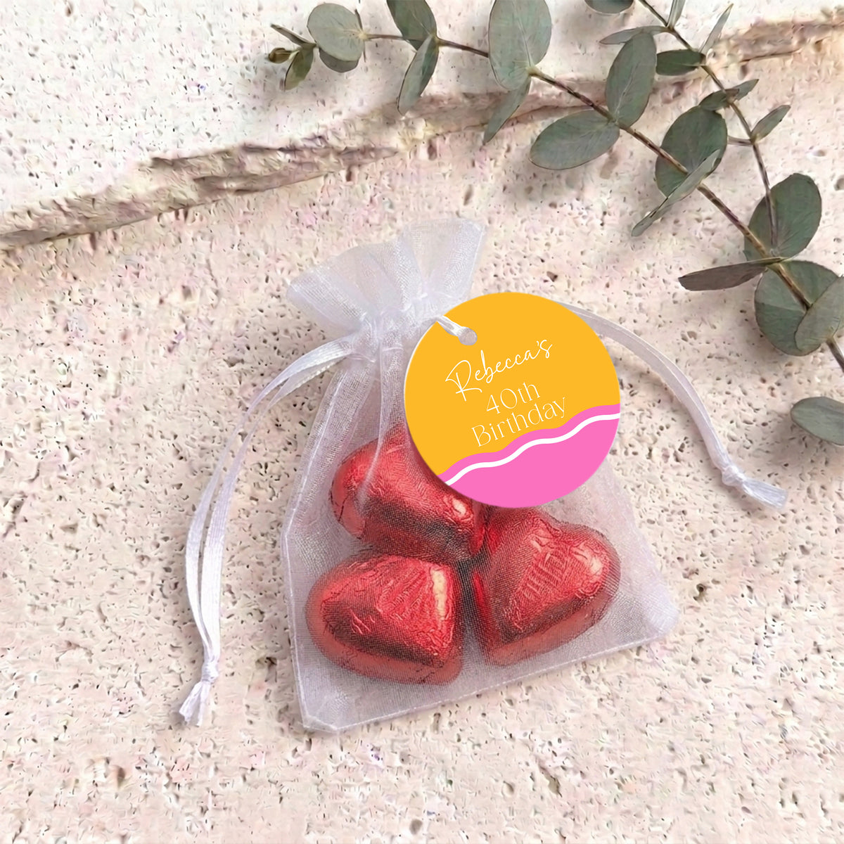 Pink Orange Wavy Birthday Personalised Organza Bags with Chocolate Hearts