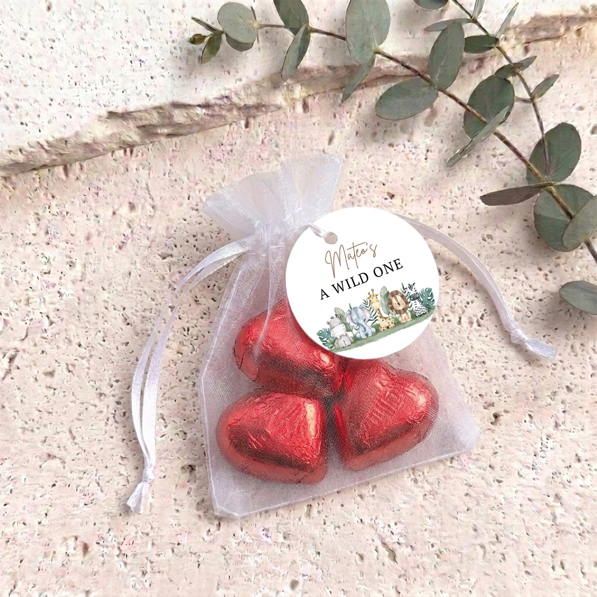 Two Wild Personalised Organza Bags with Chocolate Hearts