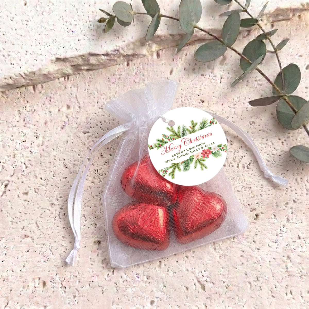 Watercolour Christmas Personalised Organza Bags with Chocolate Hearts