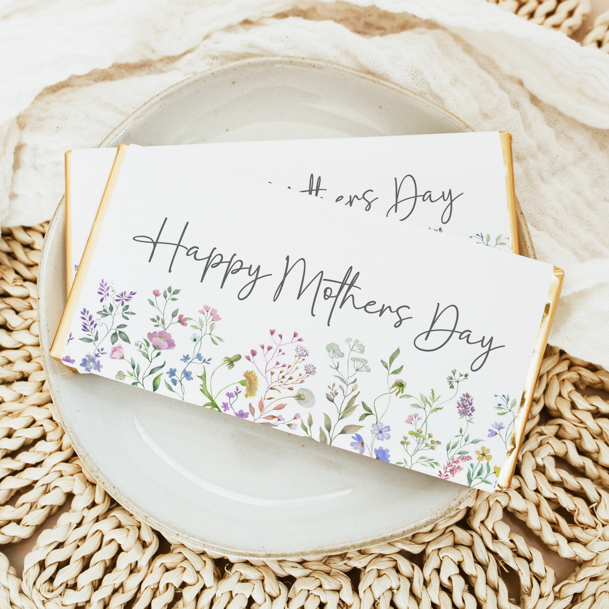 Mother's Day chocolate bar with floral greeting card in white wrap