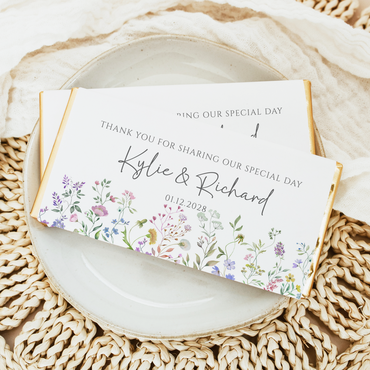Wildflower wedding thank-you chocolate bar wrapper with floral border and custom names