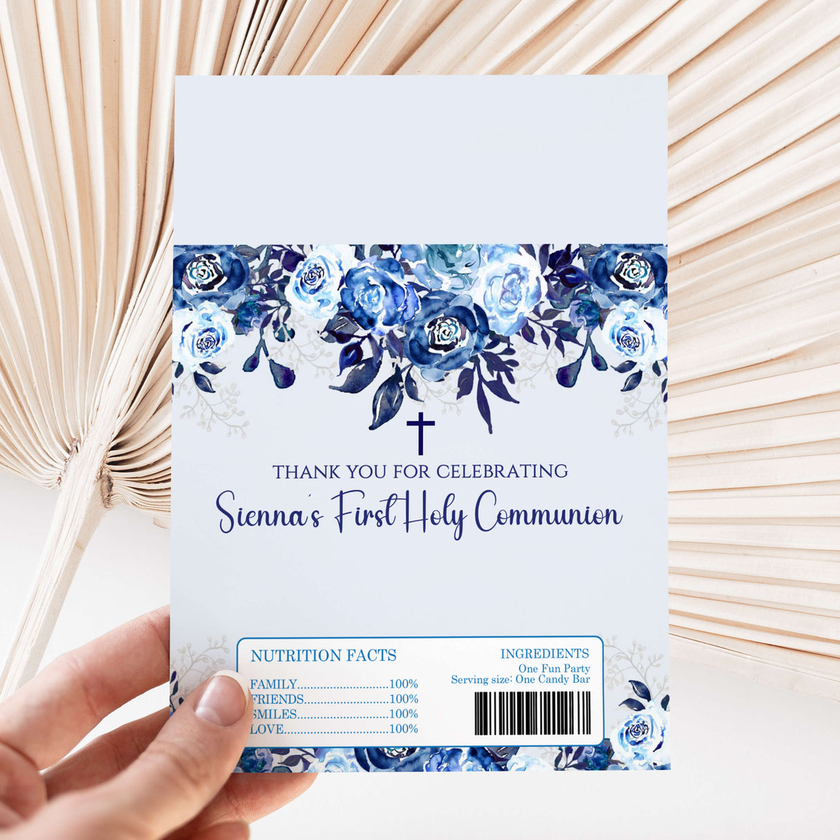 Blue floral First Holy Communion chocolate wrapper sheet with cross and celebration text