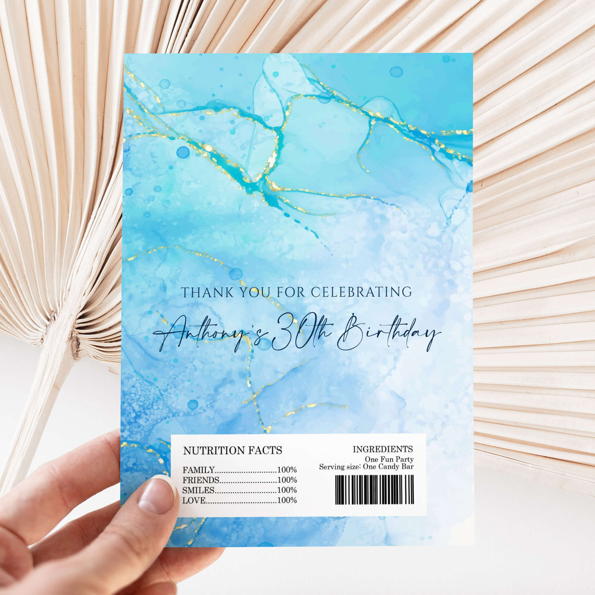 30th birthday chocolate wrappers, blue marble print with gold accents and thank-you text