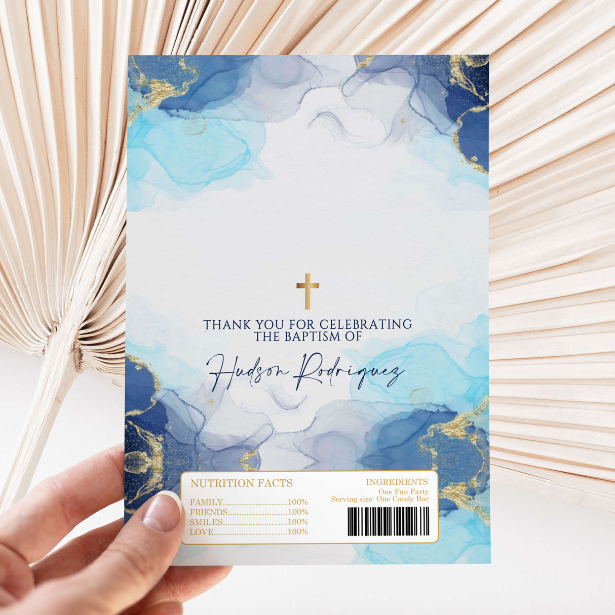 Blue marble baptism chocolate wrapper with gold cross and “thank you” wording