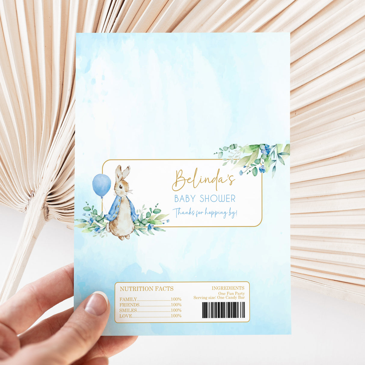 DIY baby shower chocolate bar wrapper sheet with blue Peter Rabbit and floral design