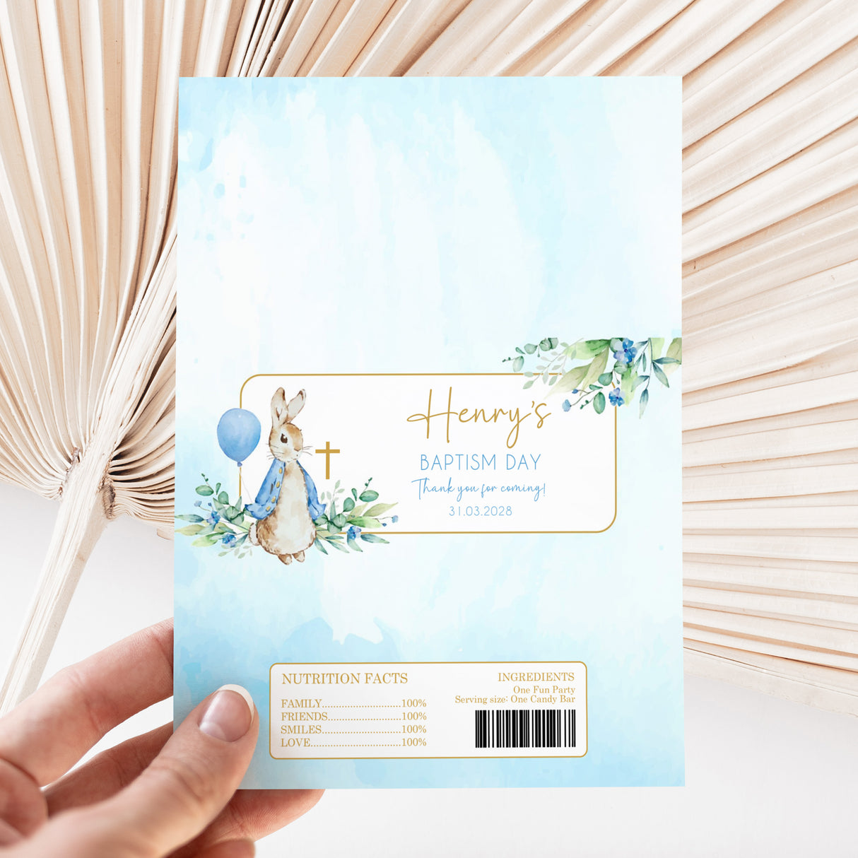 Blue Peter Rabbit baptism chocolate bar wrapper with bunny balloon, cross, and name/date text
