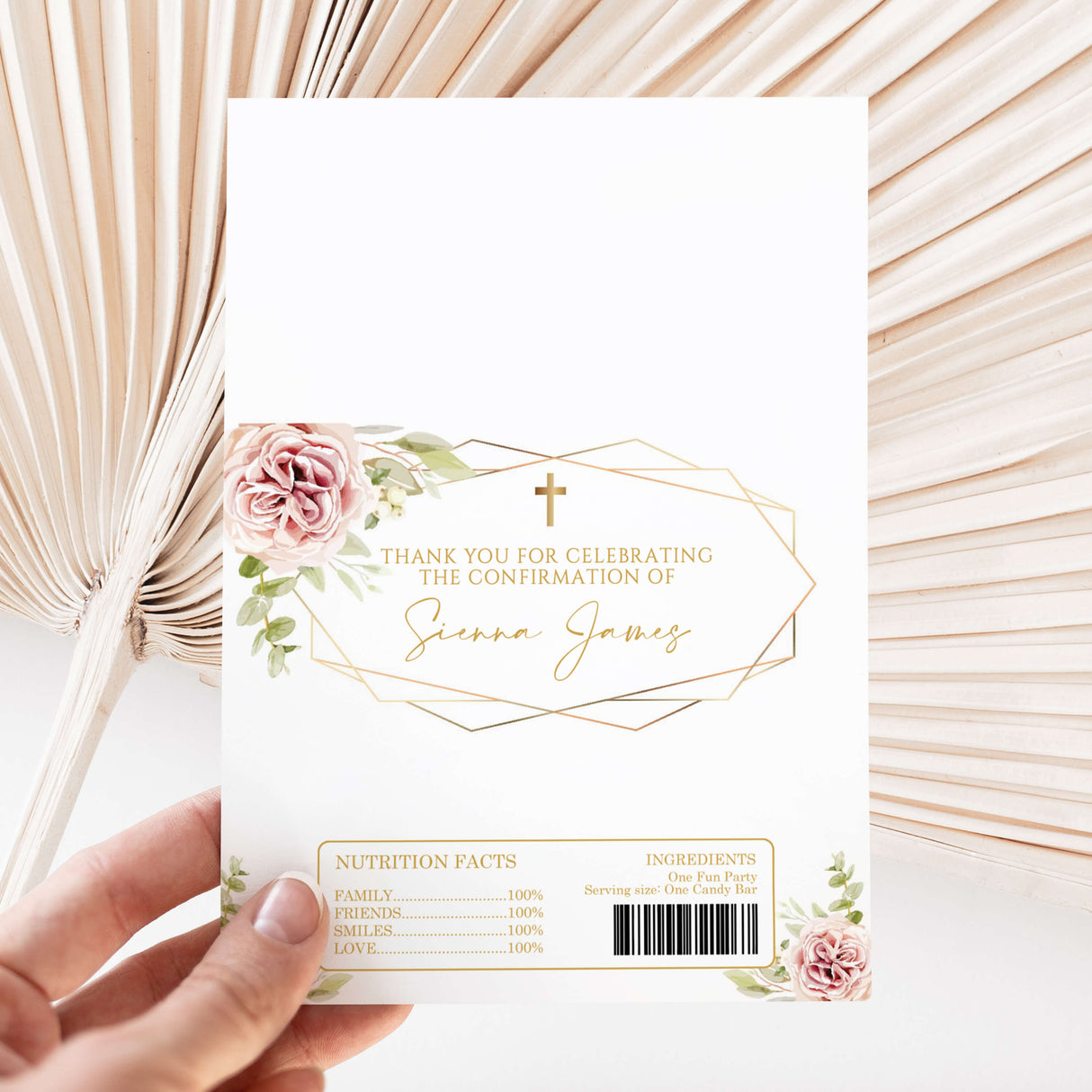 Blush rose gold frame printed chocolate wrappers, “Thank you” confirmation text