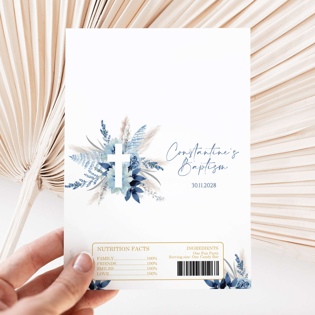 Blue baptism DIY printed chocolate wrapper with cross and pampas bouquet, name text