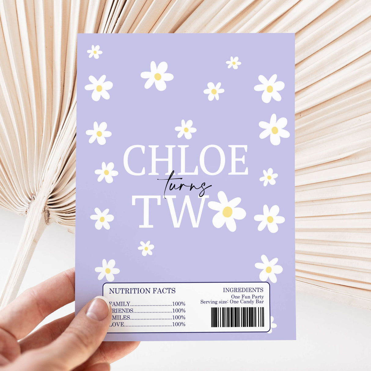 Purple daisy DIY printed chocolate wrapper sheet with name text and barcode