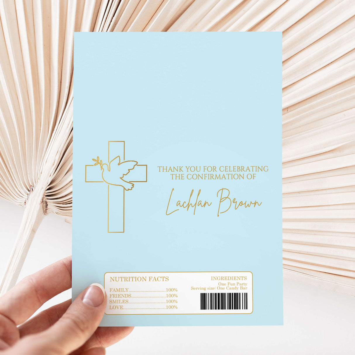 Blue confirmation chocolate wrapper with cross and dove, thank-you message and nutrition facts