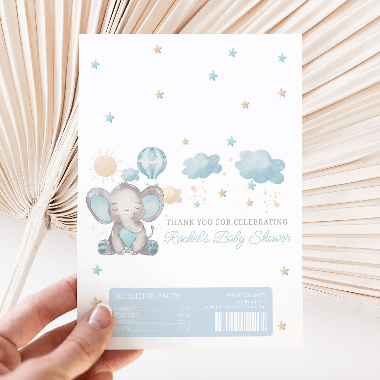 Blue elephant printed chocolate wrapper with clouds, stars, and “Thank you” message