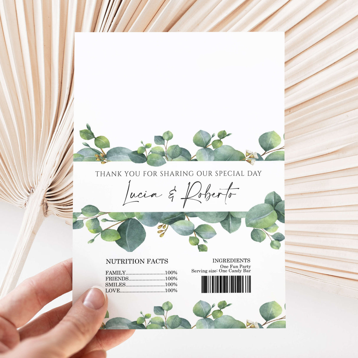 Eucalyptus-themed chocolate wrapper with green leaves, 'Thank you' and names