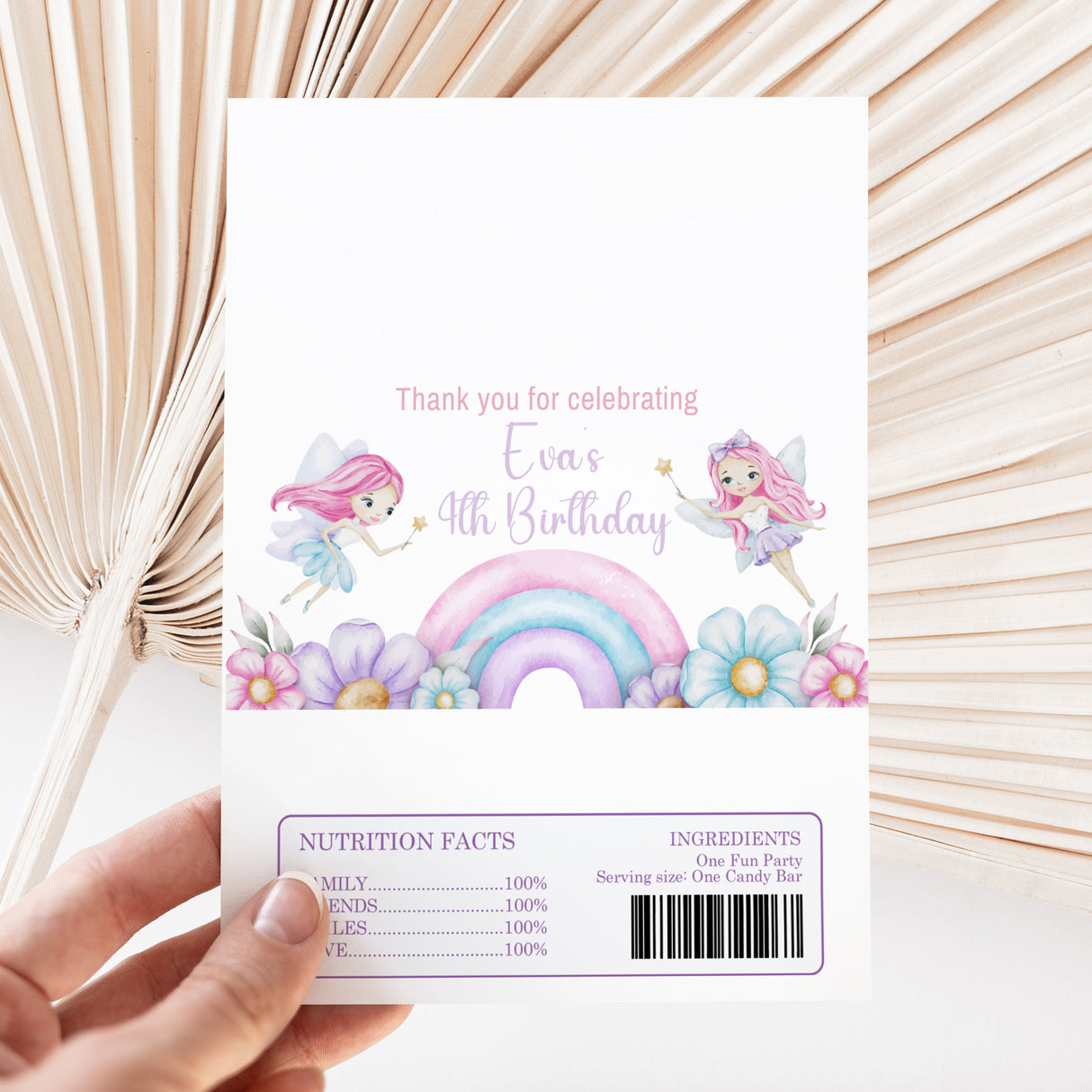 Chocolate bar wrapper with fairies, rainbow, and printed nutrition facts panel