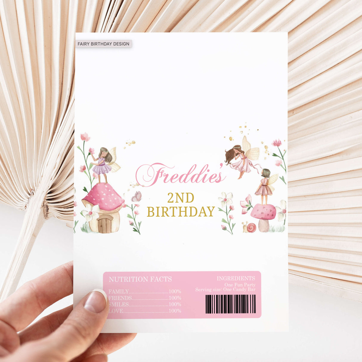 Birthday printed chocolate wrapper sheet with fairy design, Freddie's 2nd Birthday text