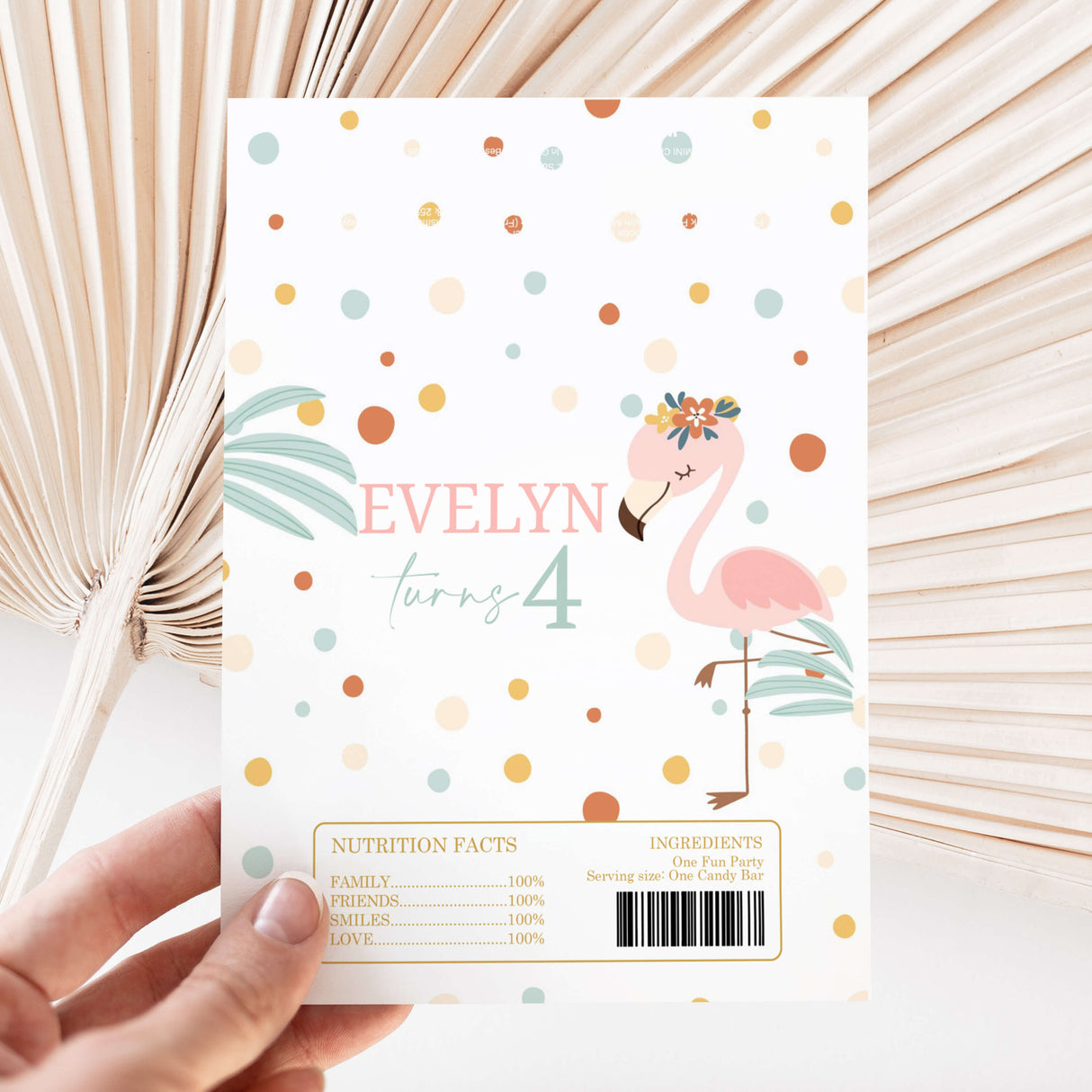 Flamingo birthday chocolate wrapper with polka dots, Evelyn turns 4, nutrition facts and barcode