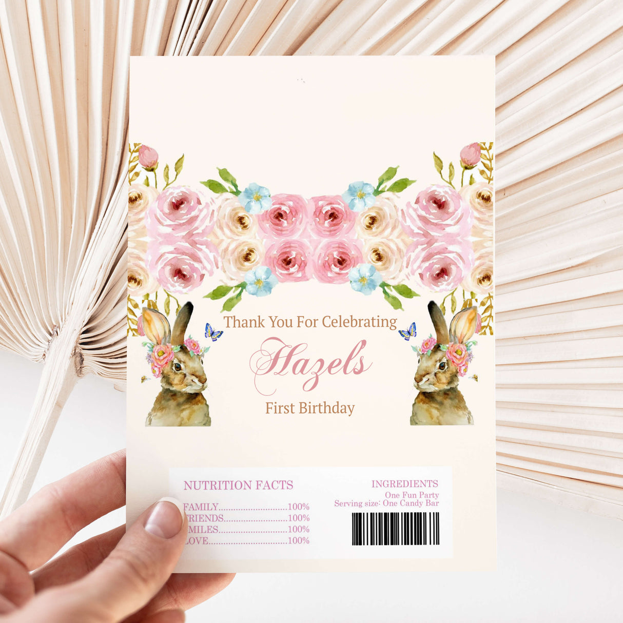 First Birthday chocolate wrapper with floral roses, blue bow, and bunny characters