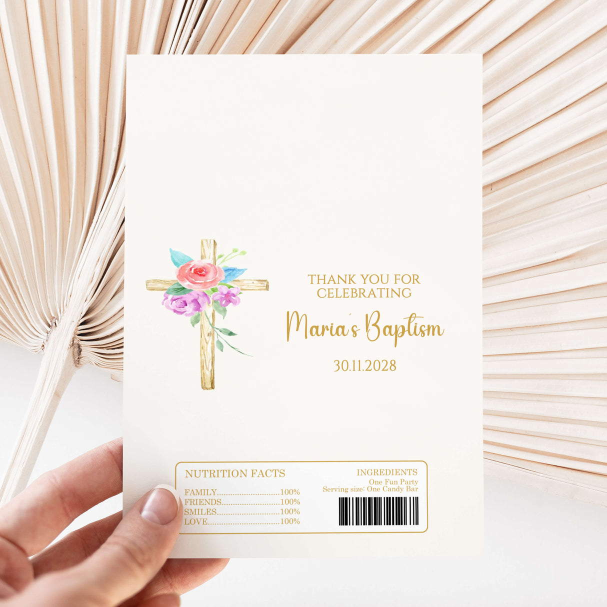 Printed chocolate wrapper with floral cross, “Thank you” for Maria’s Baptism, date