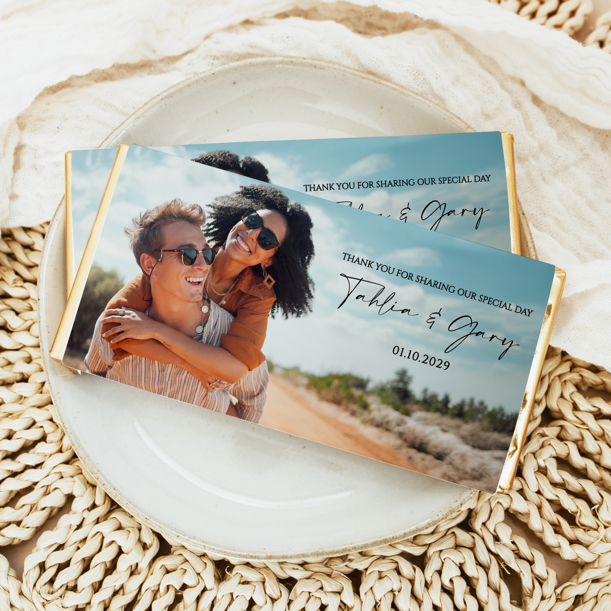 Personalised wedding chocolate bar with couple photo and names on teal wrapper