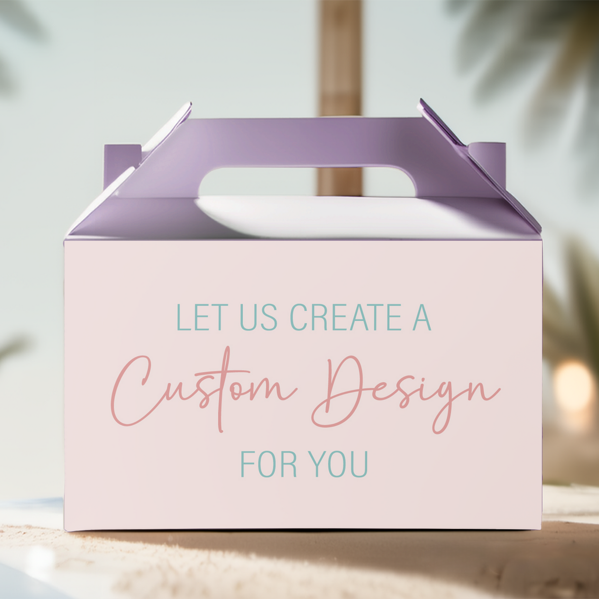 Custom gable favour box with open purple lid and pastel message: “Custom Design For You”
