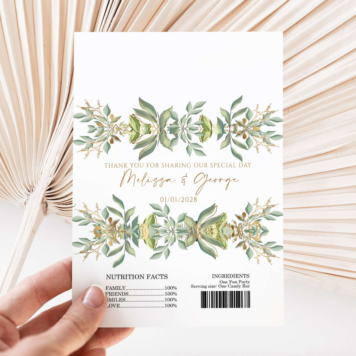 Green and gold wedding chocolate wrapper with leaf bouquet and thank-you text