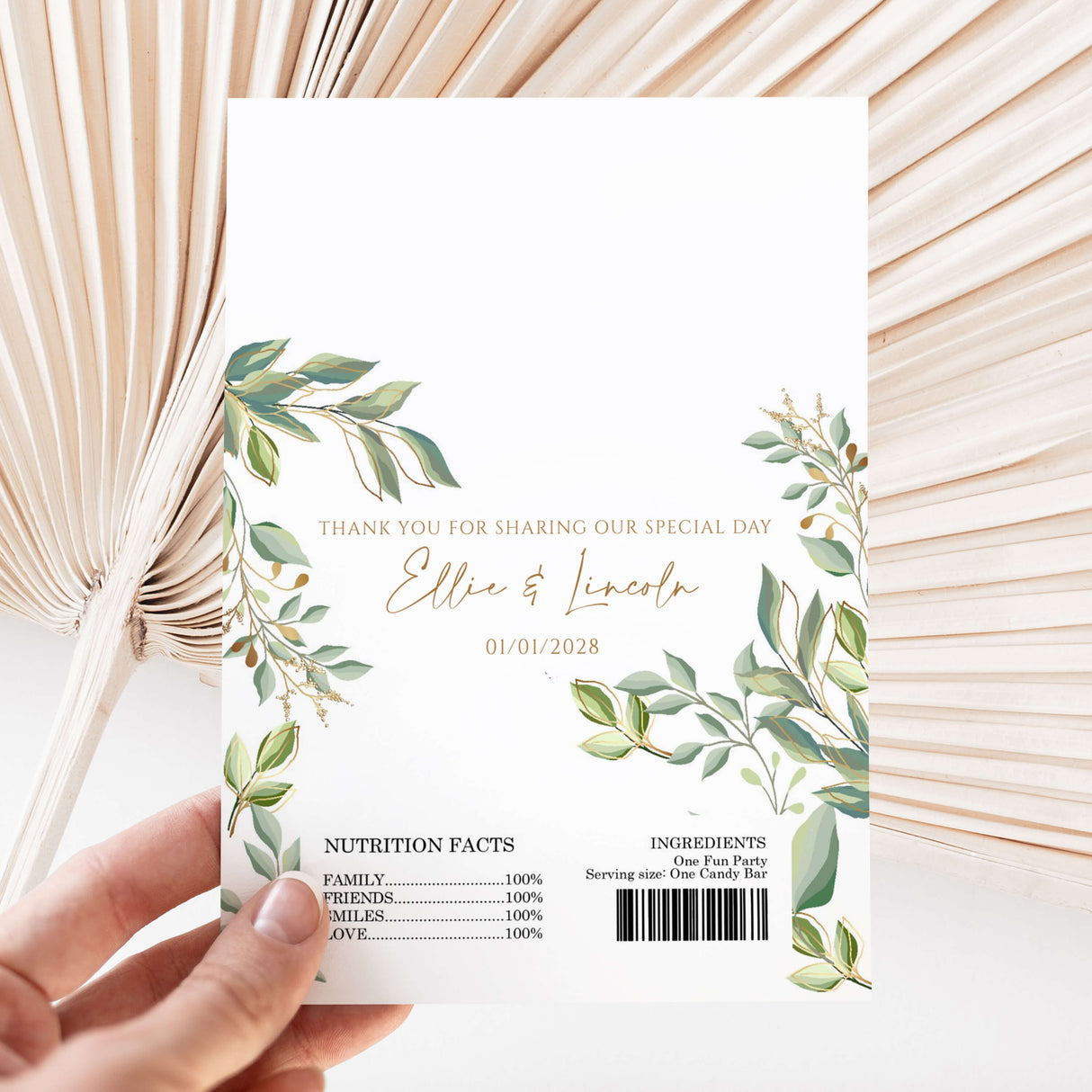 Greenery gold wedding DIY printed chocolate wrapper with leaf frame and thank-you text