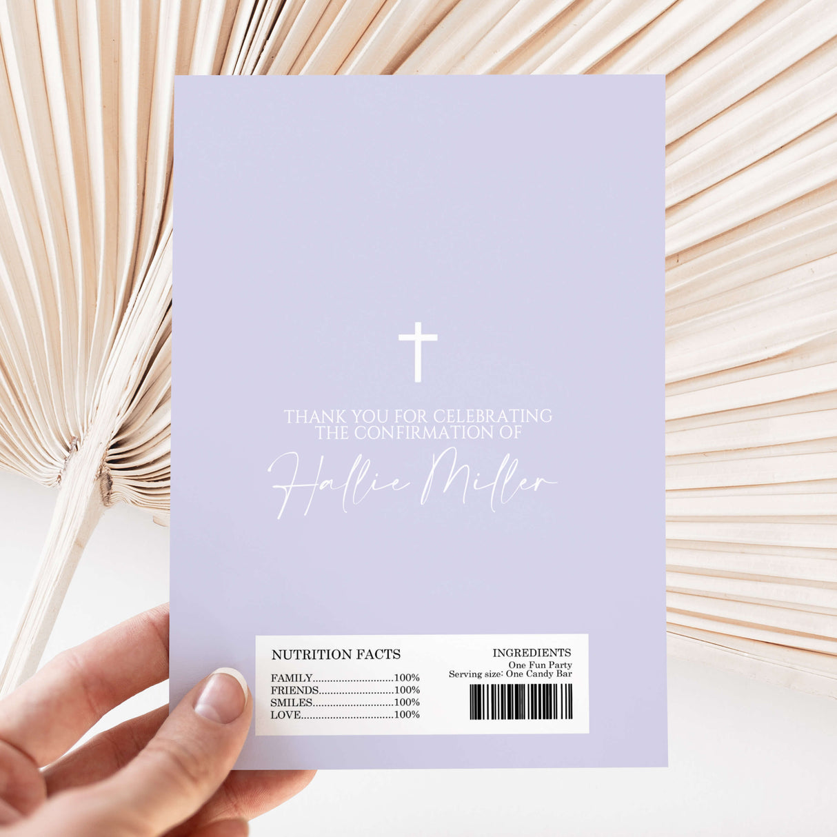 Lavender confirmation chocolate wrapper insert with cross, name script, and nutrition facts text