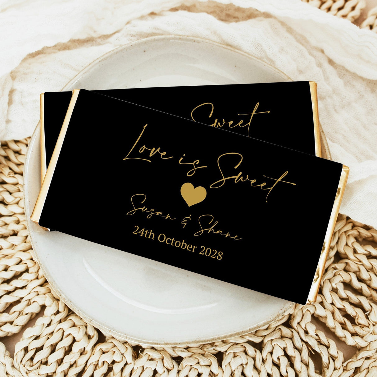 Love Is Sweet Black & Gold Wedding Chocolate Bar