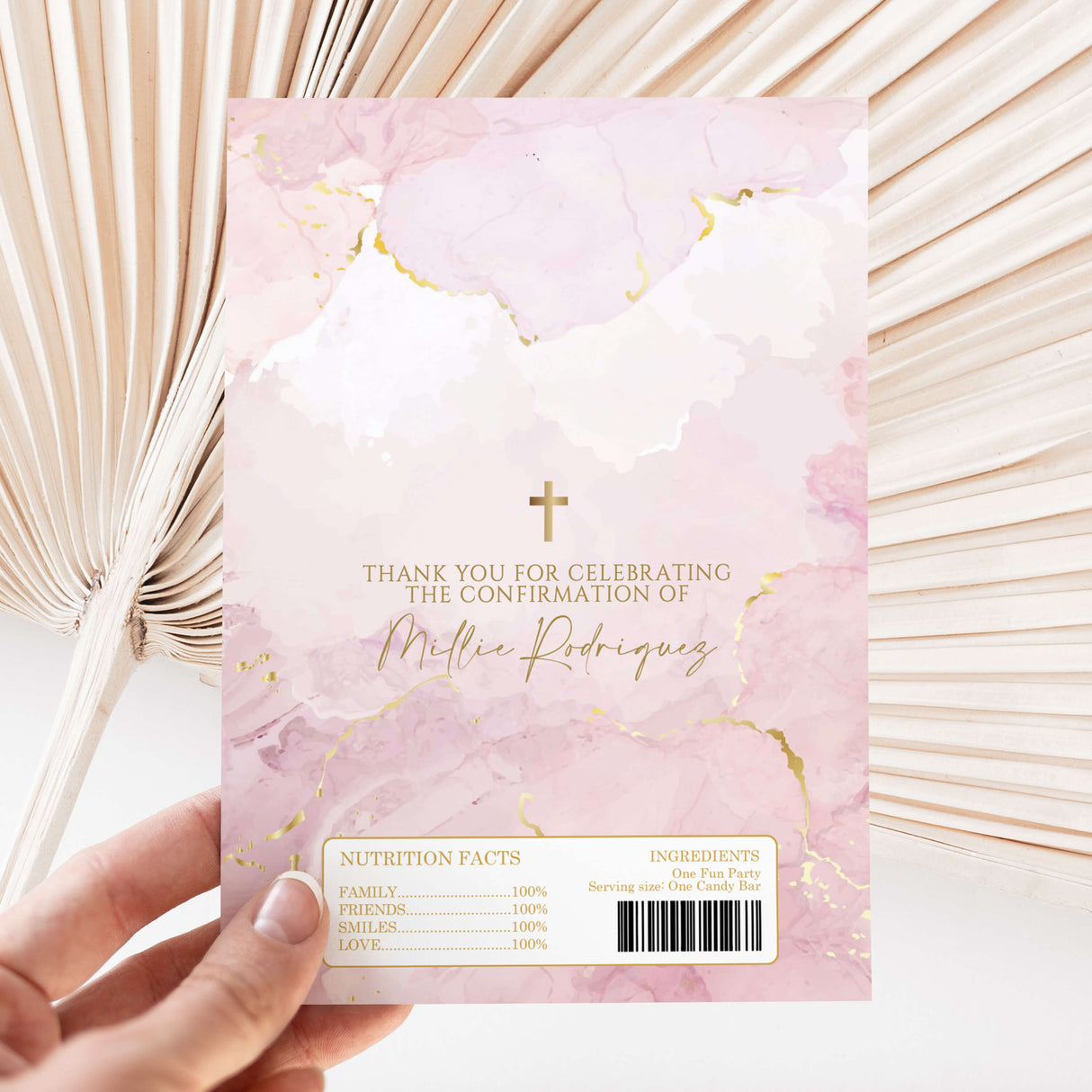 Pink marble chocolate wrapper with gold cross and Thank You for Confirmation text