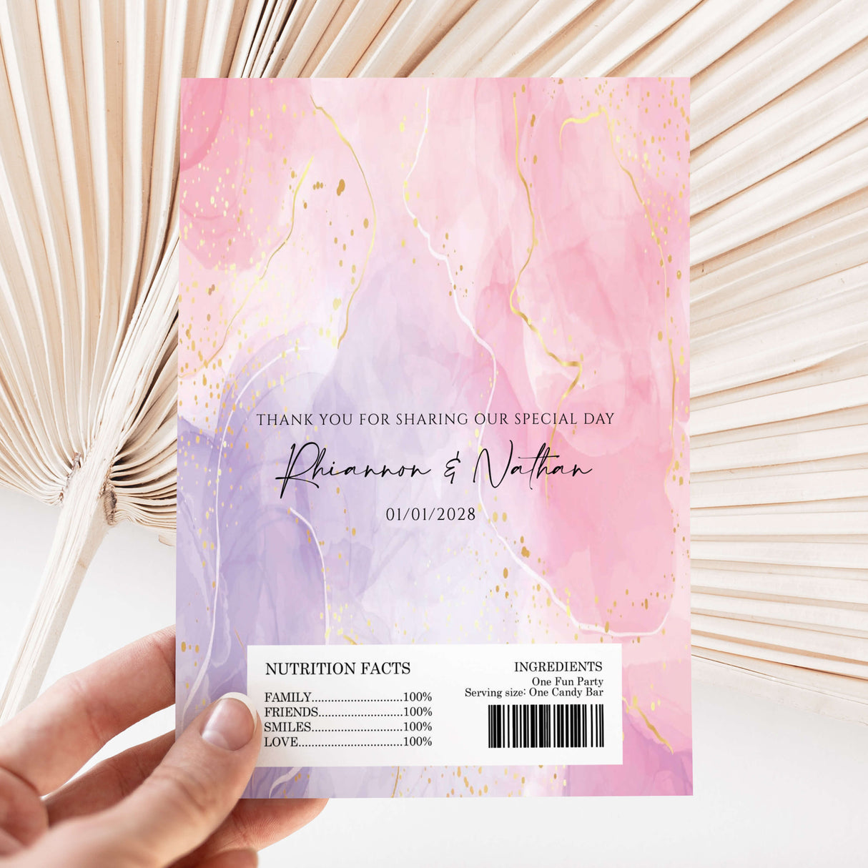 Pink purple gold marble chocolate wrapper with thank-you text and 01/01/2028 date
