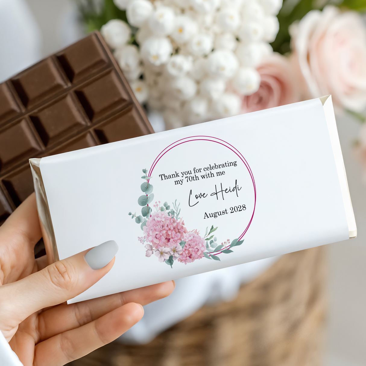 Pink Floral Circle 70th Birthday Chocolate Bar