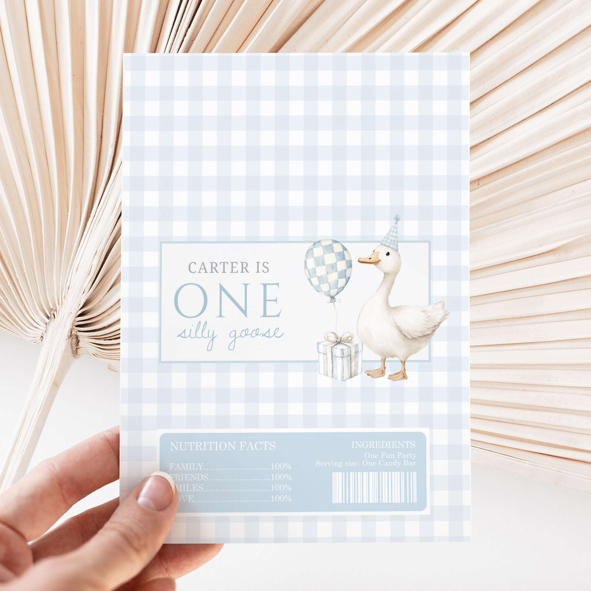 First birthday DIY chocolate wrapper sheet, blue check design with 'ONE', llama and nutrition panel
