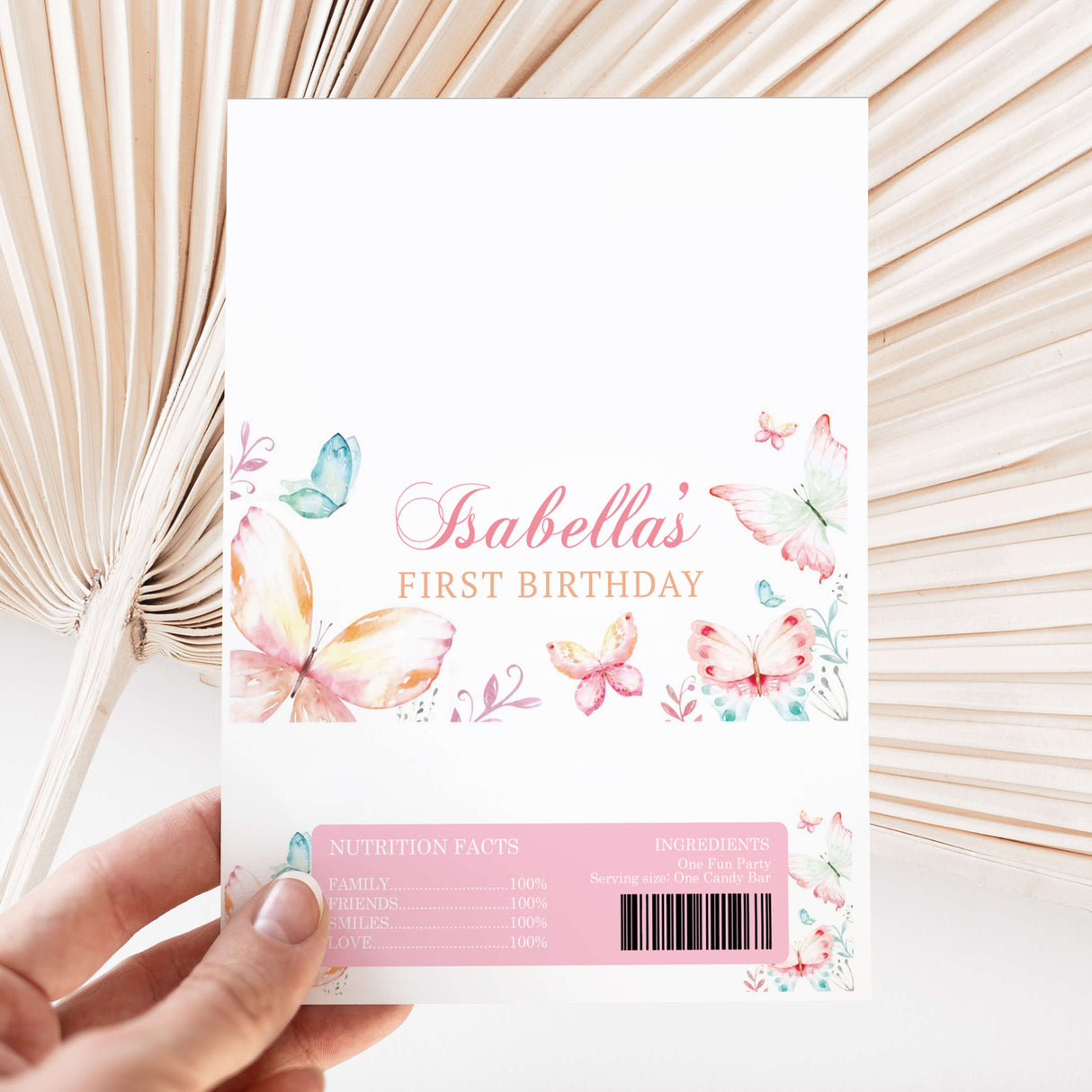 Watercolor butterfly “Isabella’s First Birthday” DIY chocolate wrapper