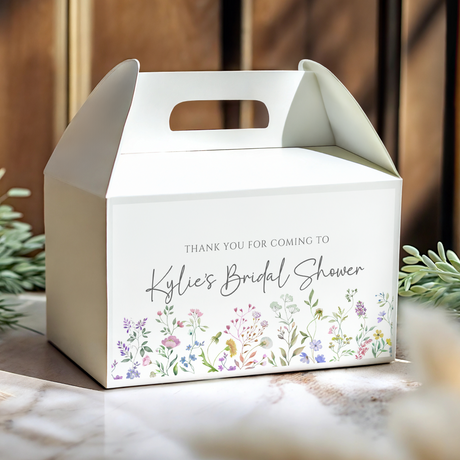 White gable favour box with floral border and 'Kylie's Bridal Shower' text