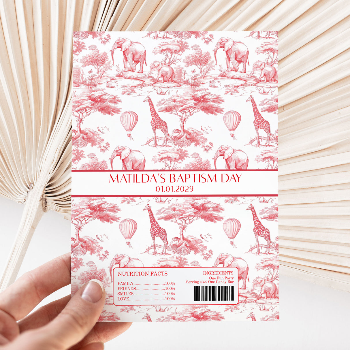 Red Safari Toile Baptism DIY Printed Chocolate Wrappers