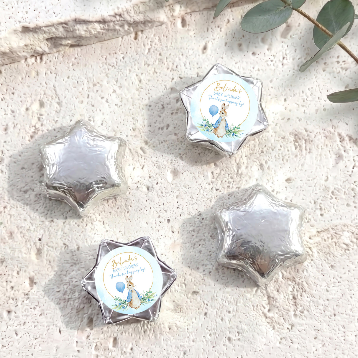 Silver foil star chocolates with Peter Rabbit baby shower label, set of 4