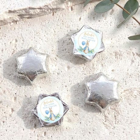 Silver foil star chocolates with Peter Rabbit baby shower label, set of 4