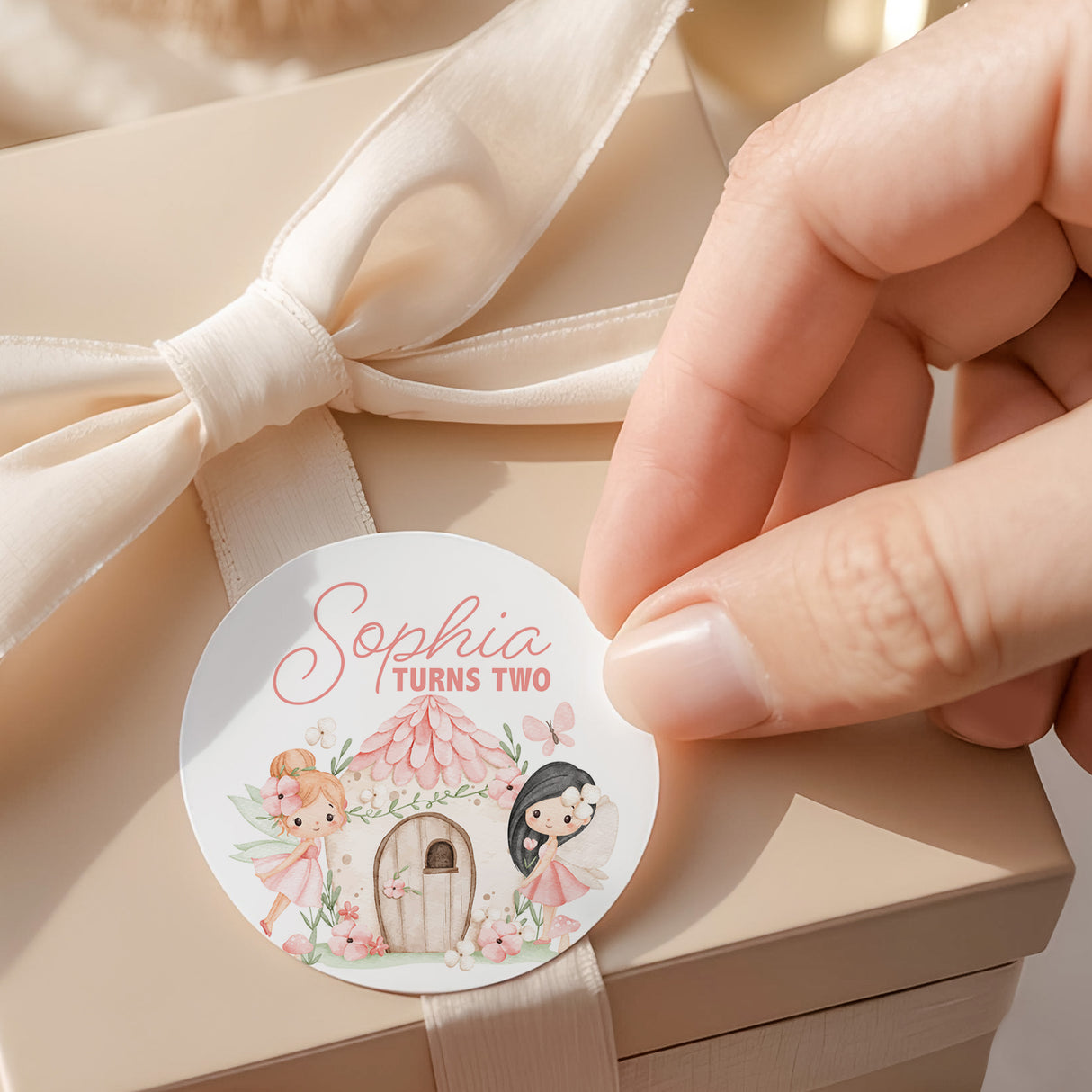 Round printed birthday label with Sophia Turns Two text and fairy house illustration