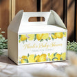 Personalised lemon baby shower gable favour box, yellow and green fruit print and text "Nicole's"