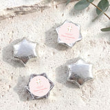 Silver star-shaped foil chocolates with cross and personalized label, set of five