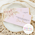 Pink christening chocolate bar wrappers with floral bouquet, crosses, and thank-you text