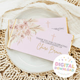 Pink christening chocolate bar wrappers with floral bouquet, crosses, and thank-you text