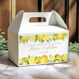 Personalised lemon wedding gable favour box, thank-you text with names and date