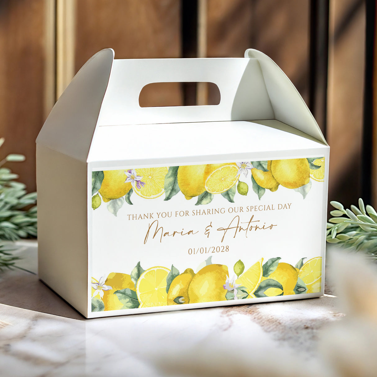 Personalised lemon wedding gable favour box, thank-you text with names and date