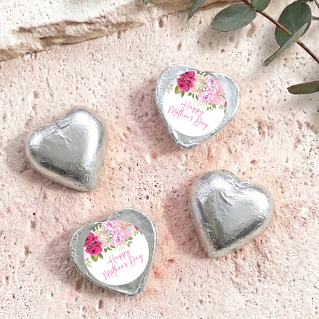 Silver foil-covered heart chocolates with floral 'Happy Mother's Day' message