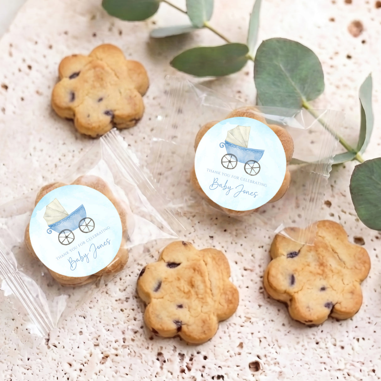 Blue Baby Carriage Baby Shower Personalised Bite Size Choc Chip Cookies