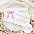 Chocolate bar wrapper with pink bow and 'Thank you for celebrating' text