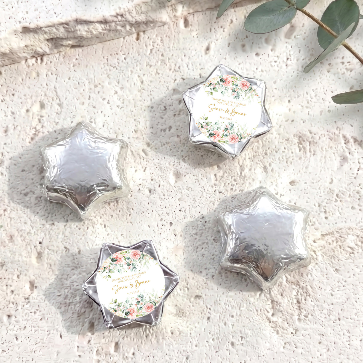 Silver foil-wrapped chocolate stars with floral personalized center label (set of 5)