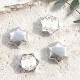 Silver foil-wrapped chocolate stars with floral personalized center label (set of 5)