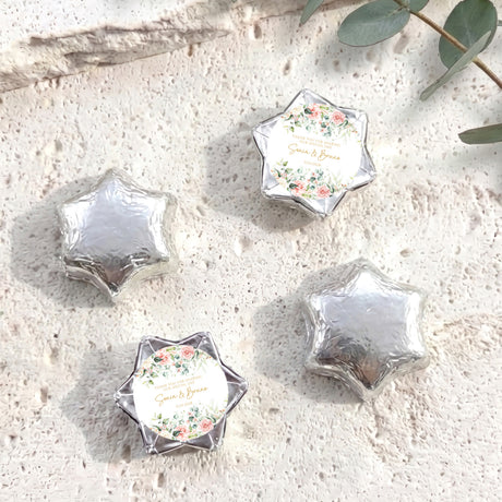 Silver foil-wrapped chocolate stars with floral personalized center label (set of 5)